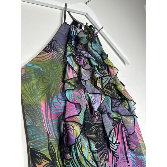 Bisou Bisou Size XS Ruffled Halter Top Colorful Black Pink Y2K Tropical Vacation - Picture 3 of 11